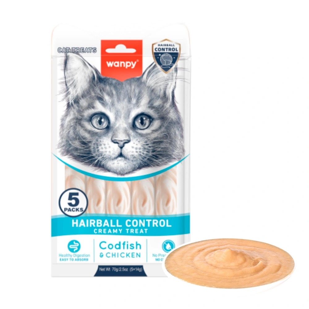 Wanpy Kat Funktionel Cremet Slikbar Godbid Hårbold Torsk & Kylling 70 g (5x14g)